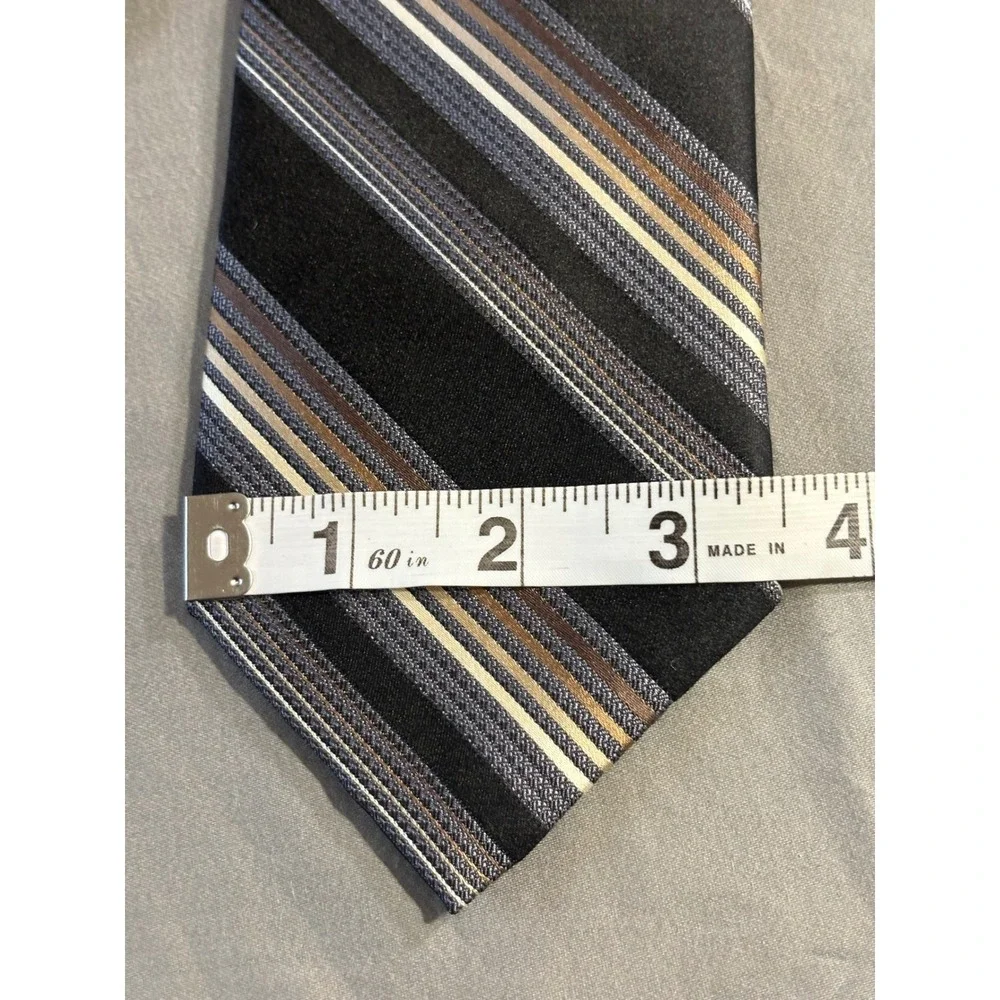 Perry Ellis Portfolio Mens Silk Blend Striped Necktie Black Grey Brown 58 Inch